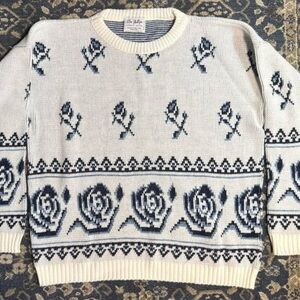 vintage 80s 90s floral knit sweater rose pattern cottage coquette — size M